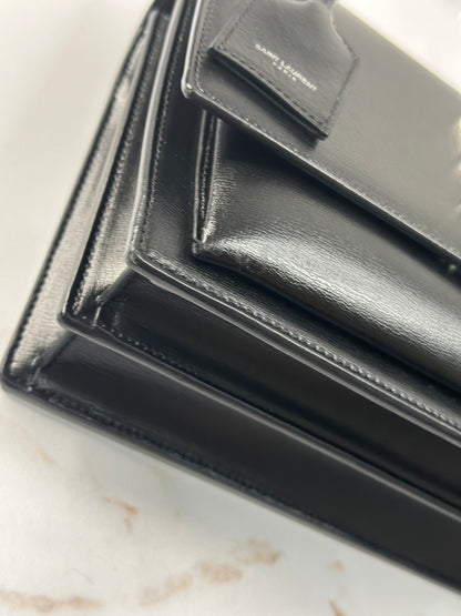 Pre-owned Saint Laurent Sunset Medium Chain Bag in black smooth leather with silver-tone hardware