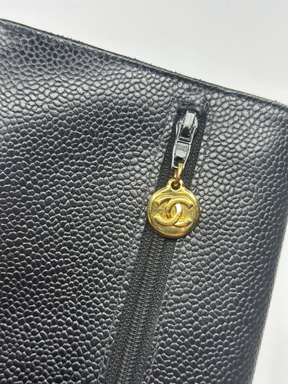 Pre-owned Chanel Coco logo, black caviar, leather Vintage long wallet