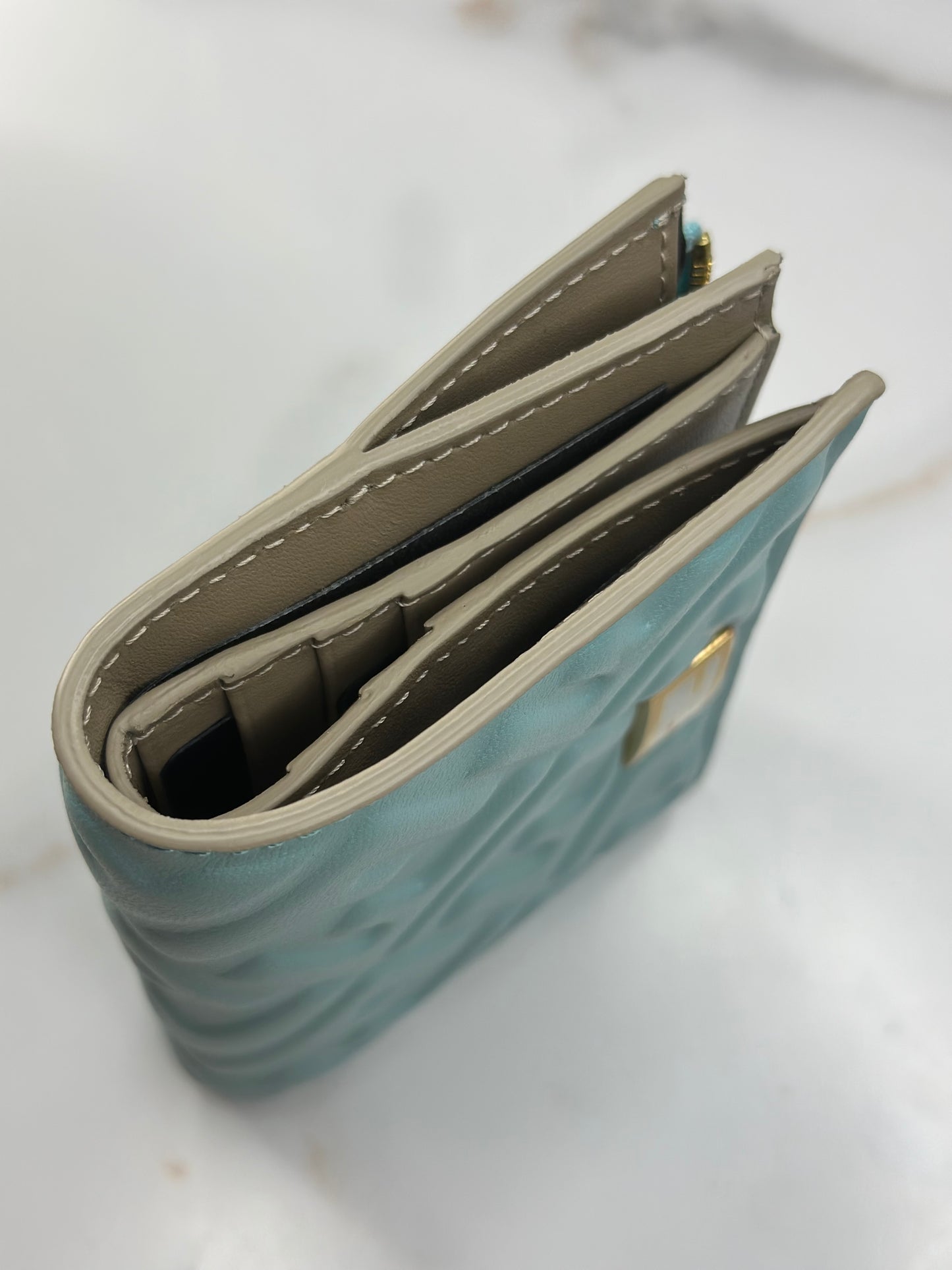 Pre-owned Fendi small baguette bi-fold wallet in light blue nappa leather