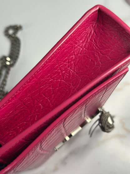 Pre-owned Saint Laurent Kate tassel crossbody bag in fuchsia croc-embossed leather