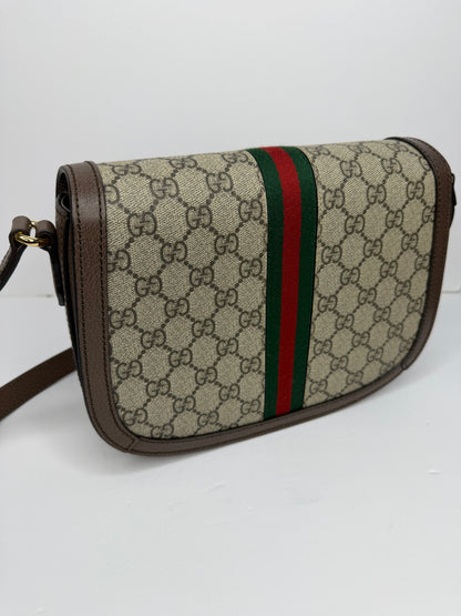 Pre-owned Gucci GG Supreme Monogram Web Small Ophidia Flap Messenger Bag Brown