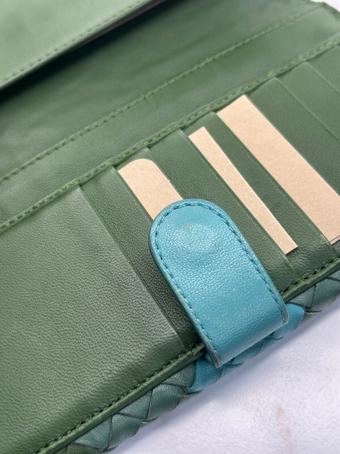 Pre-owned Bottega Veneta rare green and turquoise colorwave Intrecciato woven leather long wallet
