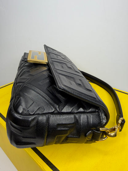 Pre-owned Fendi Nappa FF 1974 Embossed Baguette Black