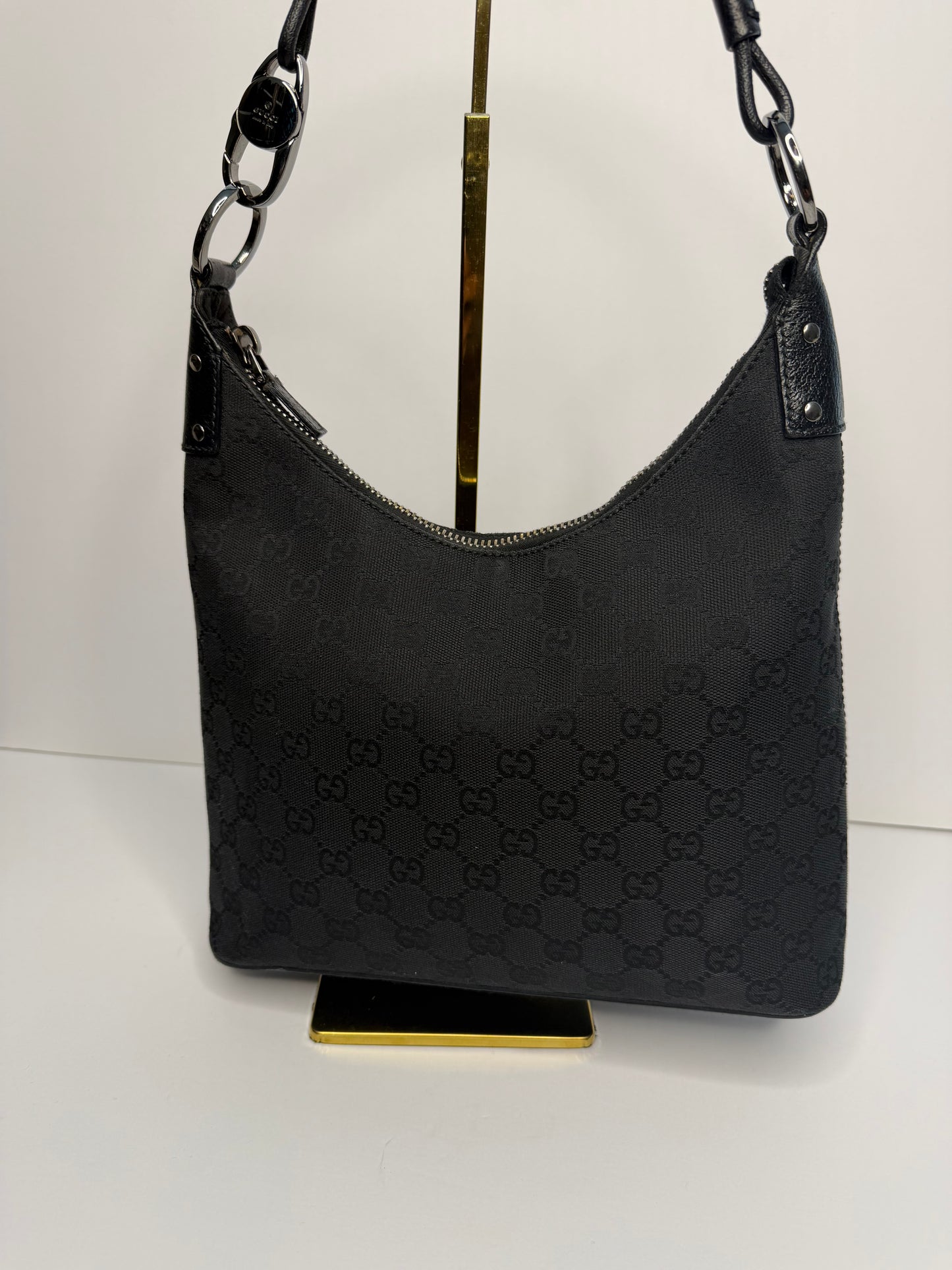 Pre-owned Gucci GG Black Canvas O-ring hobo shoulder bag
