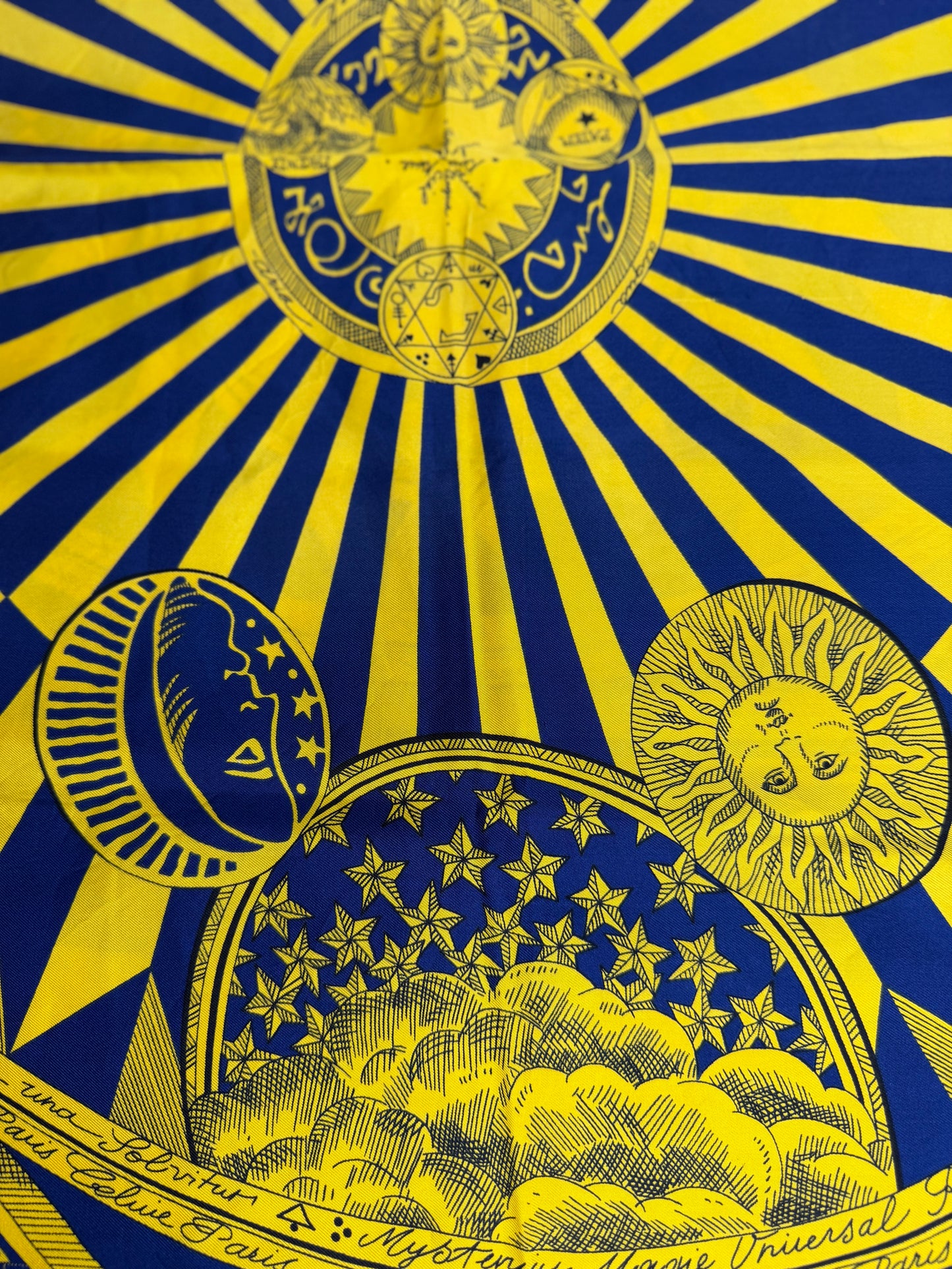 Pre-owned Celine Paris silk scarf yellow and blue design celestial motif.
