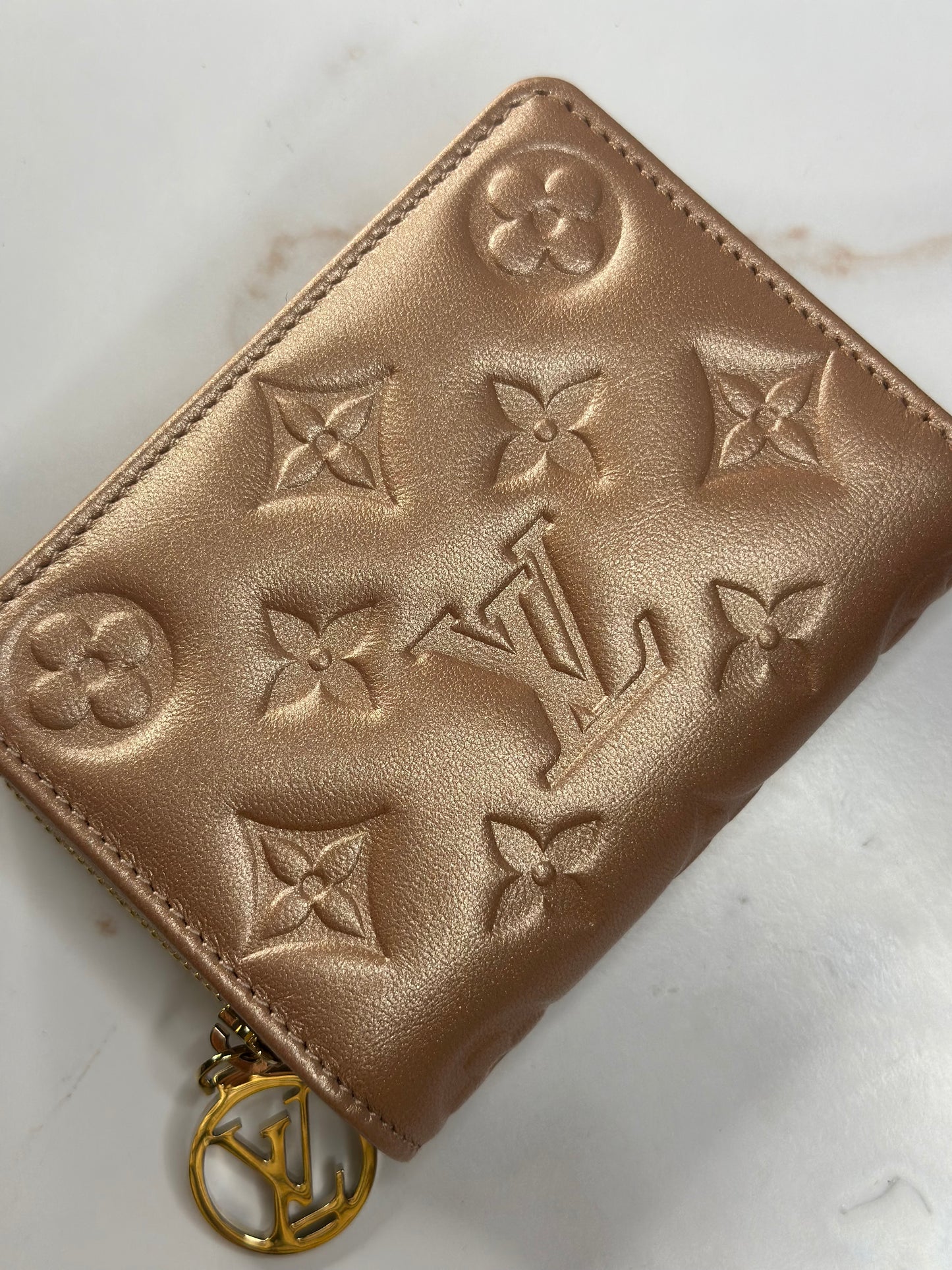 Pre-owned Louis Vuitton Lambskin Embossed Monogram Lou Coussin Wallet Rose Gold