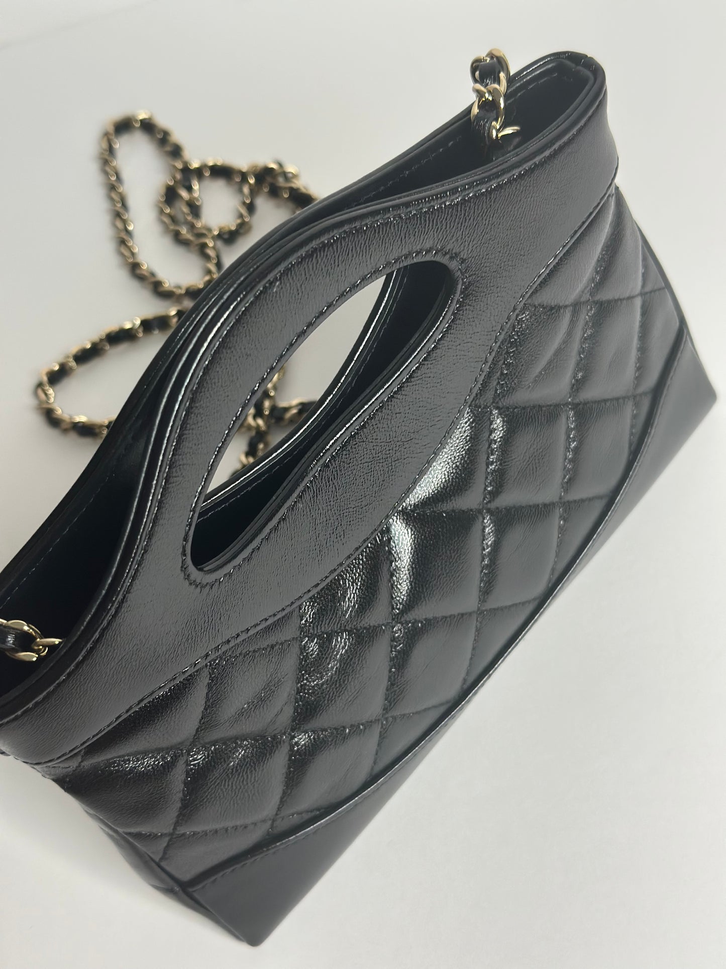 Pre-Owned Chanel Shiny Crinkled Calfskin Quilted Nano 31 Shopping Bag Black