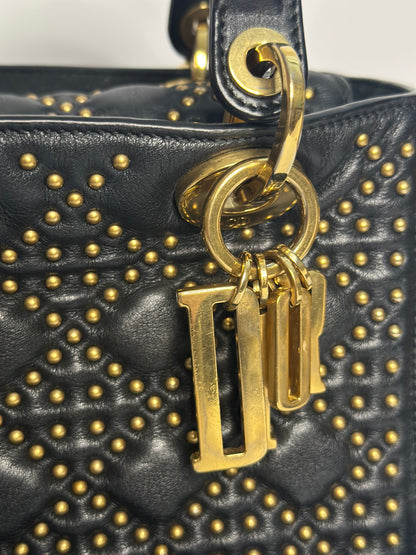 Pre-owned Christian Dior Supple Lady Dior Bag Cannage Studded Lambskin Medium