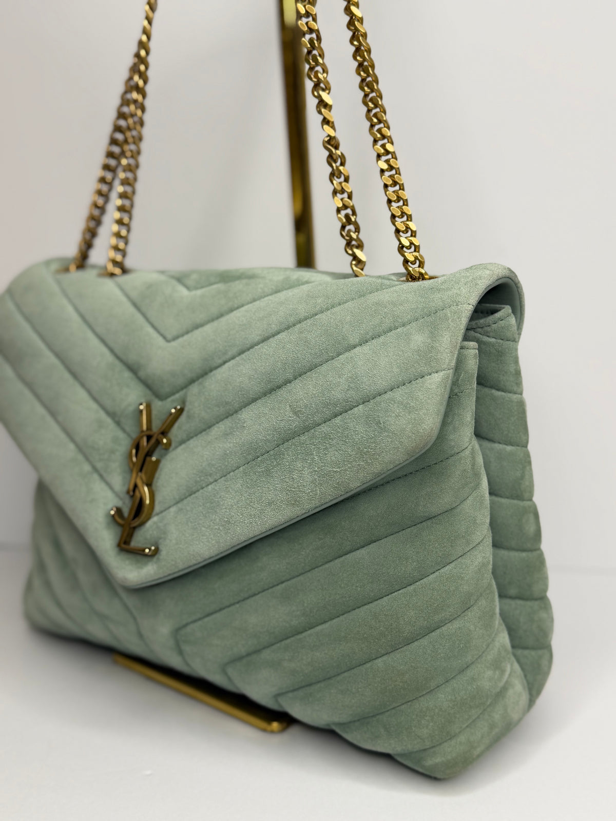Pre-owned Saint Laurent soft vert opaline green suede medium Lou LoU shoulder bag