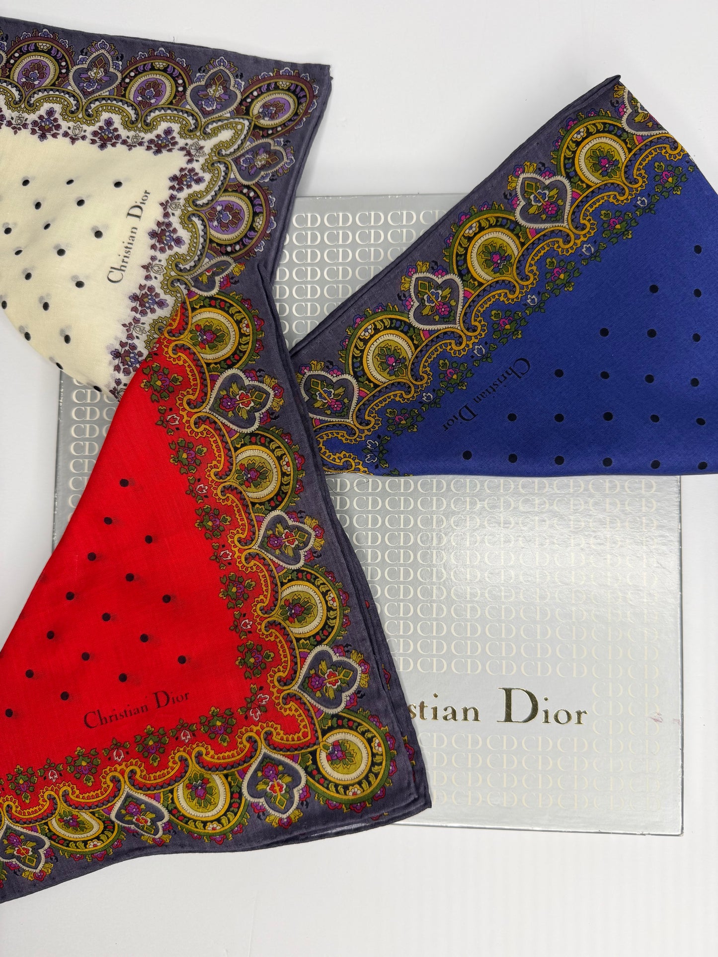 Pre-owned Christian Dior cotton Paisley and polkadot handkerchief set