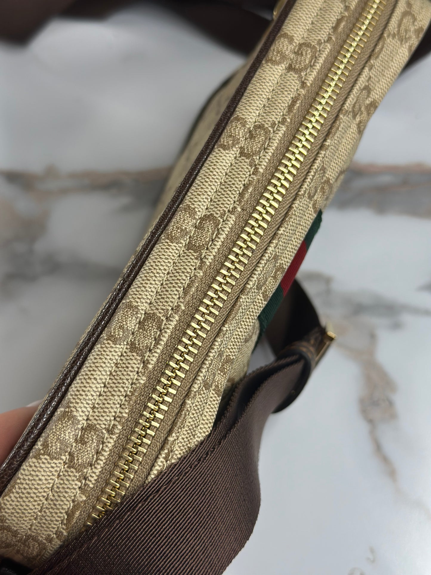 Pre-owned Gucci supreme canvas sand + dark brown mini crossbody