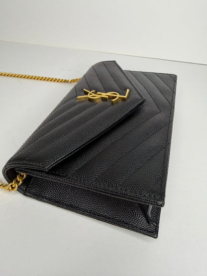 Pre-owned Saint Laurent CASSANDRE ENVELOPE CHAIN WALLET IN GRAIN DE POUDRE LEATHER