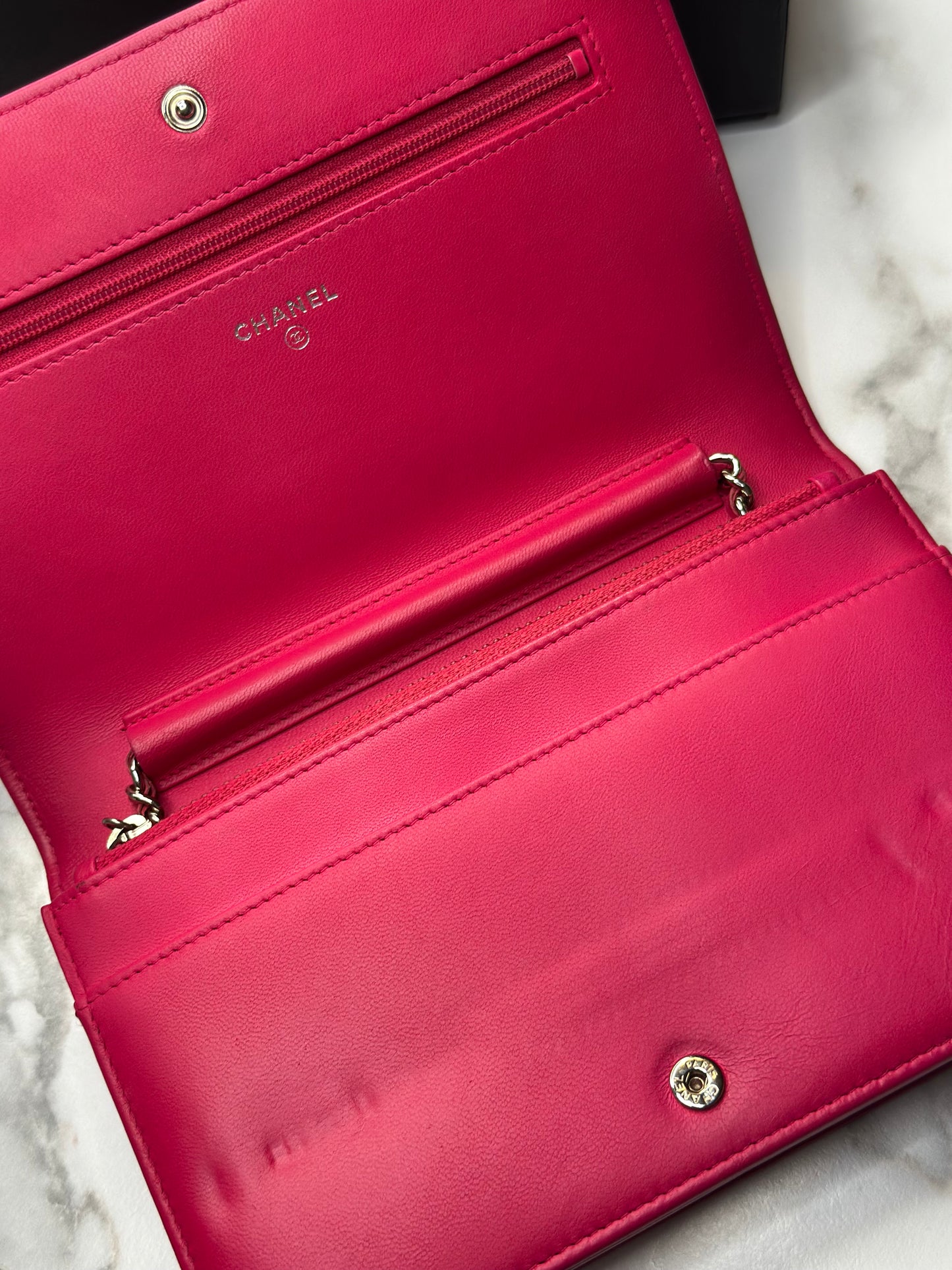 Pre-owned Chanel hot pink quilted caviar wallet on chain