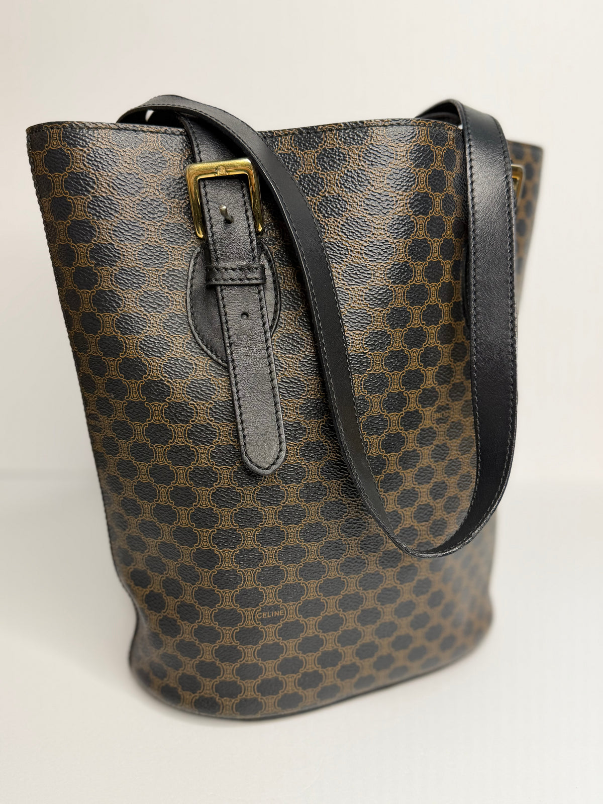 Pre-owned Celine black x brown macadam canvas bucket tote