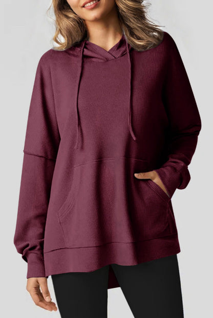 Burgundy Waffle Knit Split Side Hoodie