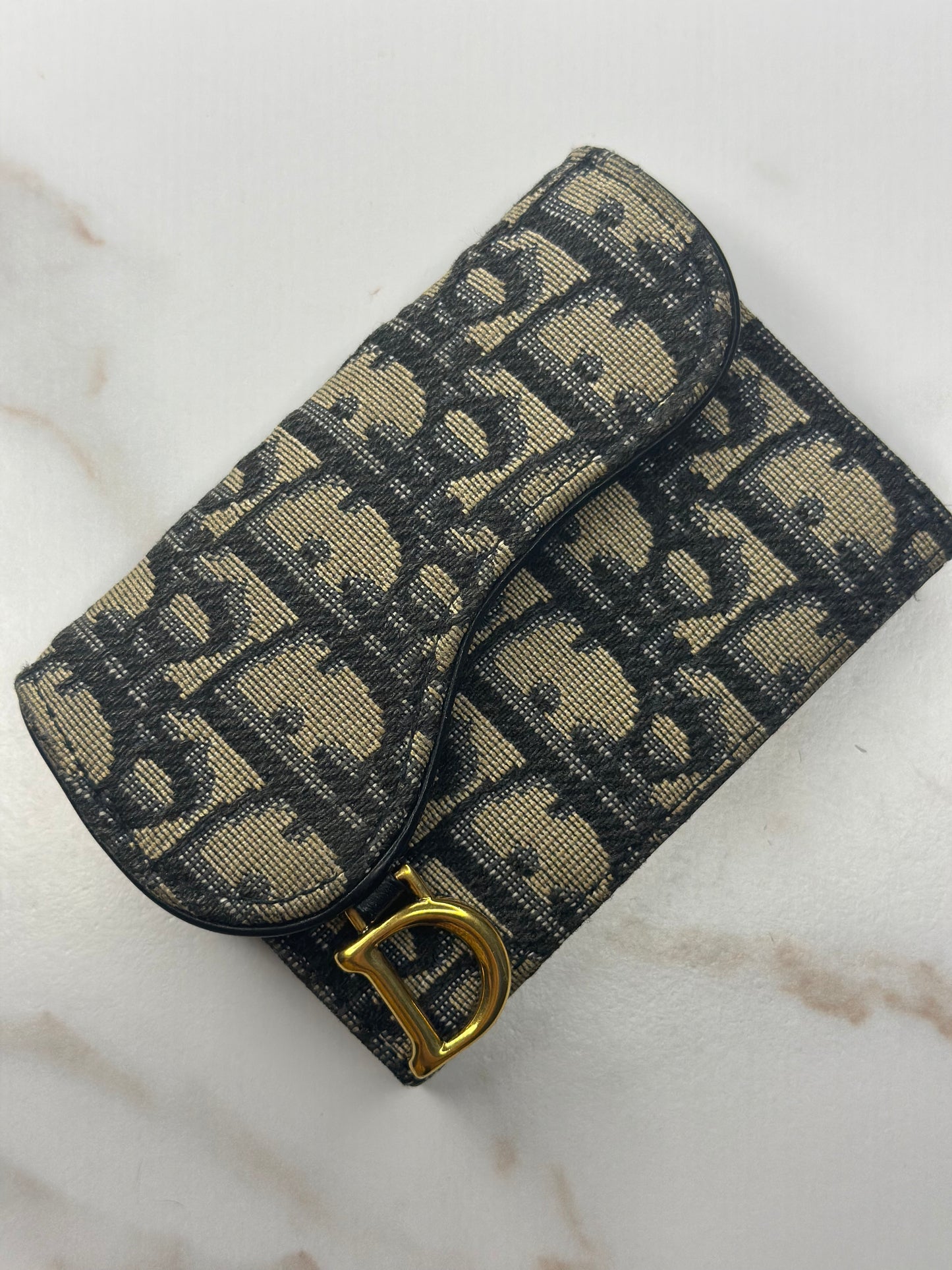 Pre-owned Christian Dior Saddle Flap Card Holder Blue Dior Oblique Jacquard canvas