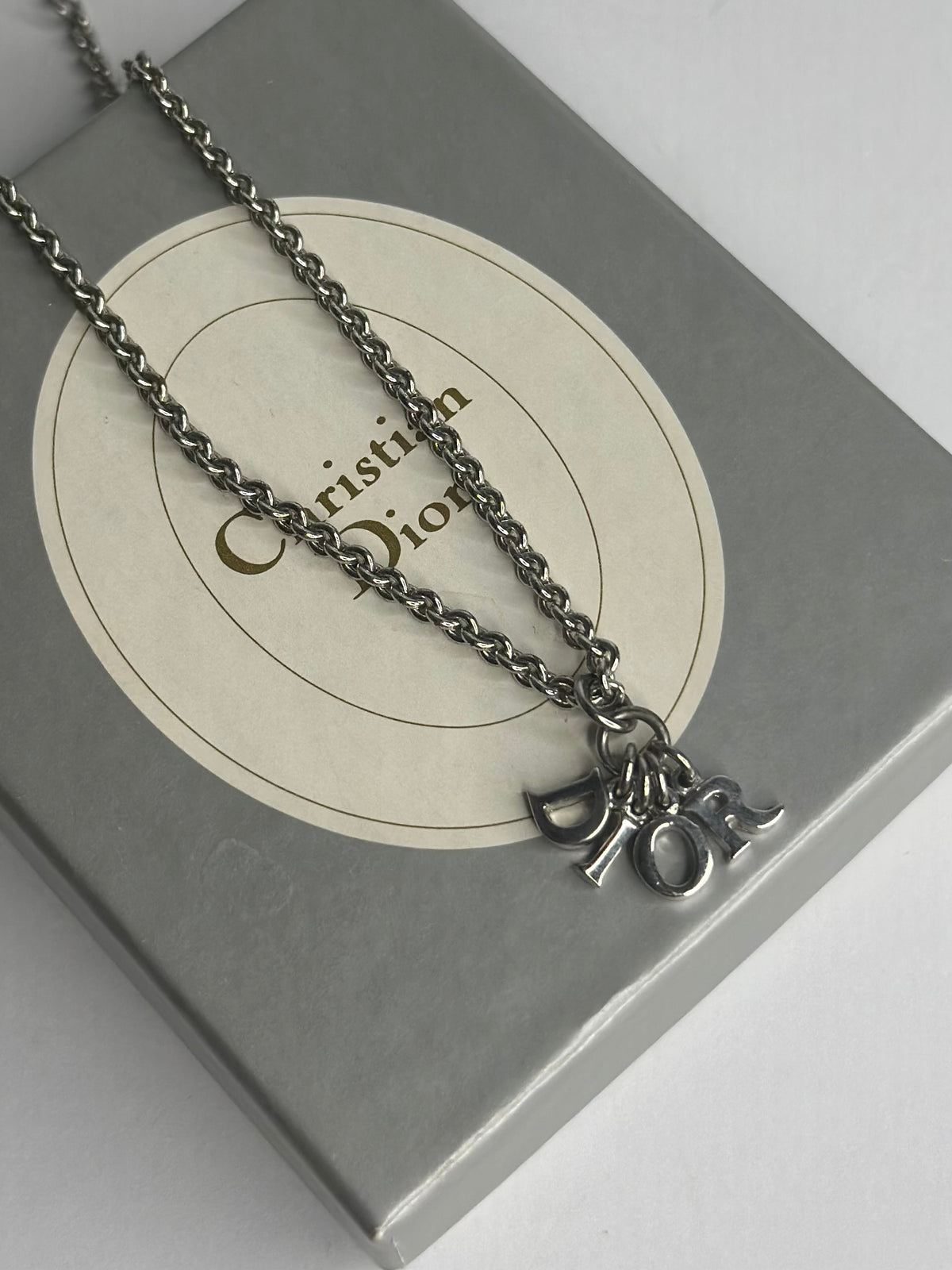 Pre-owned Christian Dior DIOR logo, palladium plated necklace