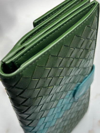 Pre-owned Bottega Veneta rare green and turquoise colorwave Intrecciato woven leather long wallet