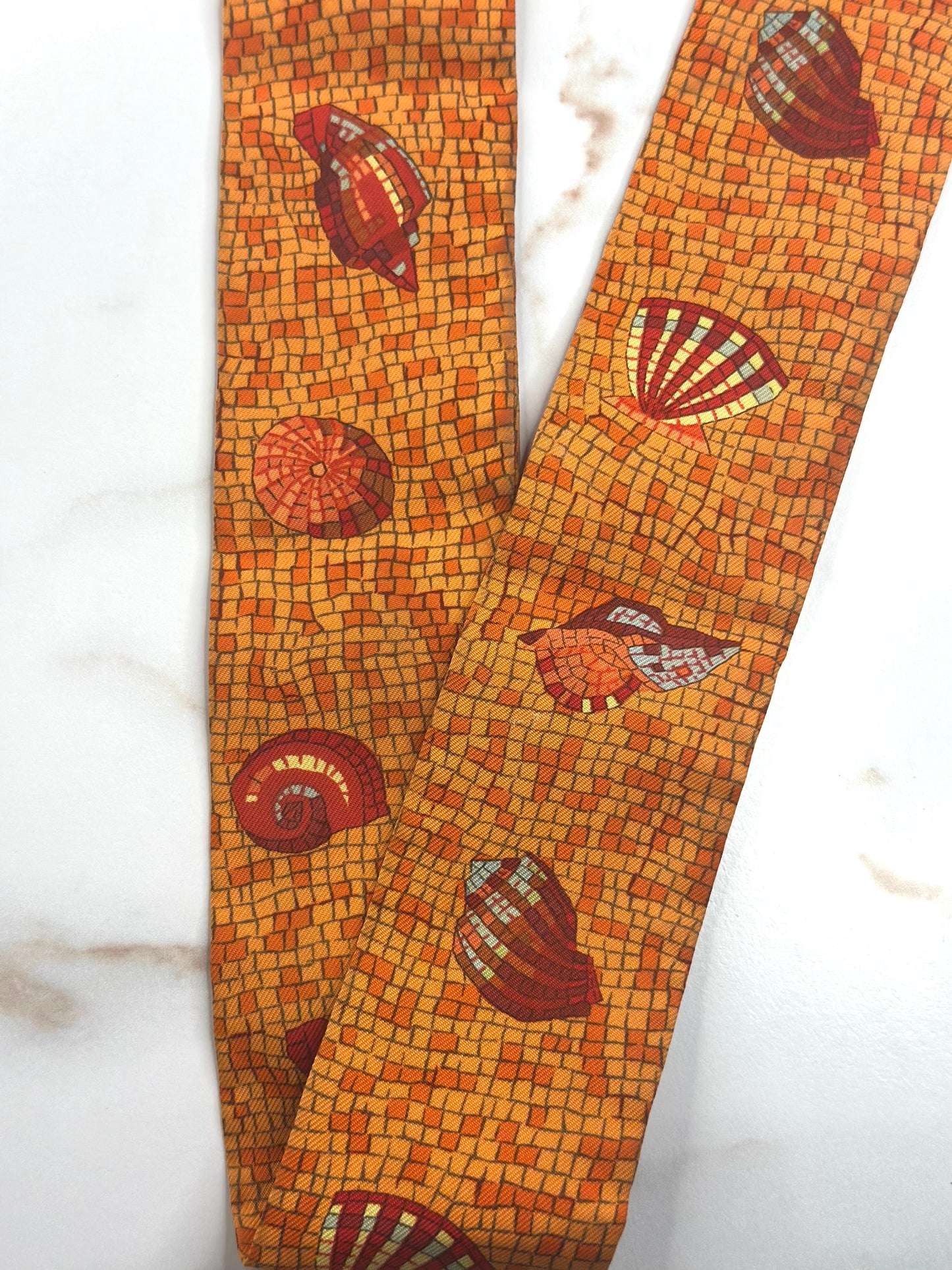 Pre-owned Hermes Silk Scarf Mosaic Seashells Twilly Orange