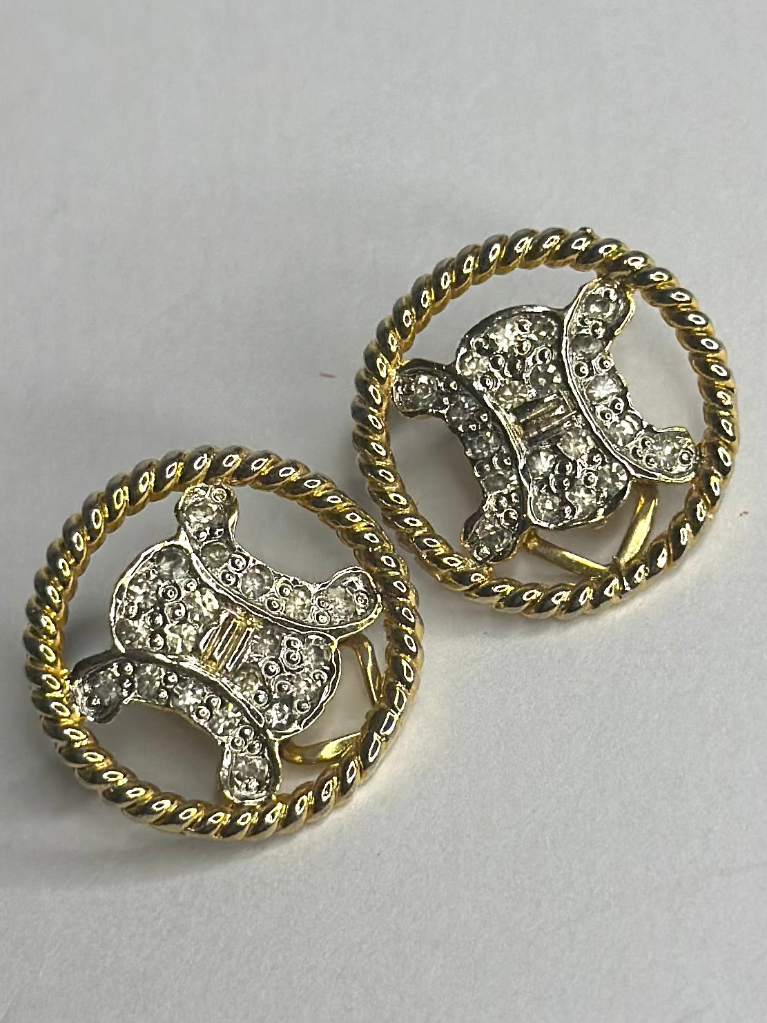 Pre-owned Celine Triomphe Rhinestone Circle Gold clip on Earrings
