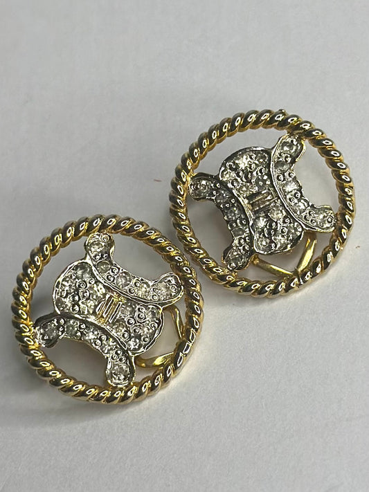 Pre-owned Celine Triomphe Rhinestone Circle Gold clip on Earrings