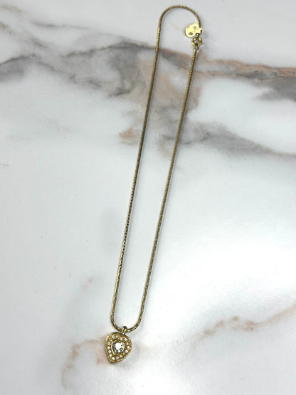 Pre-owned Christian Dior Vintage Heart Pendant Necklace Gold and Rhinestones