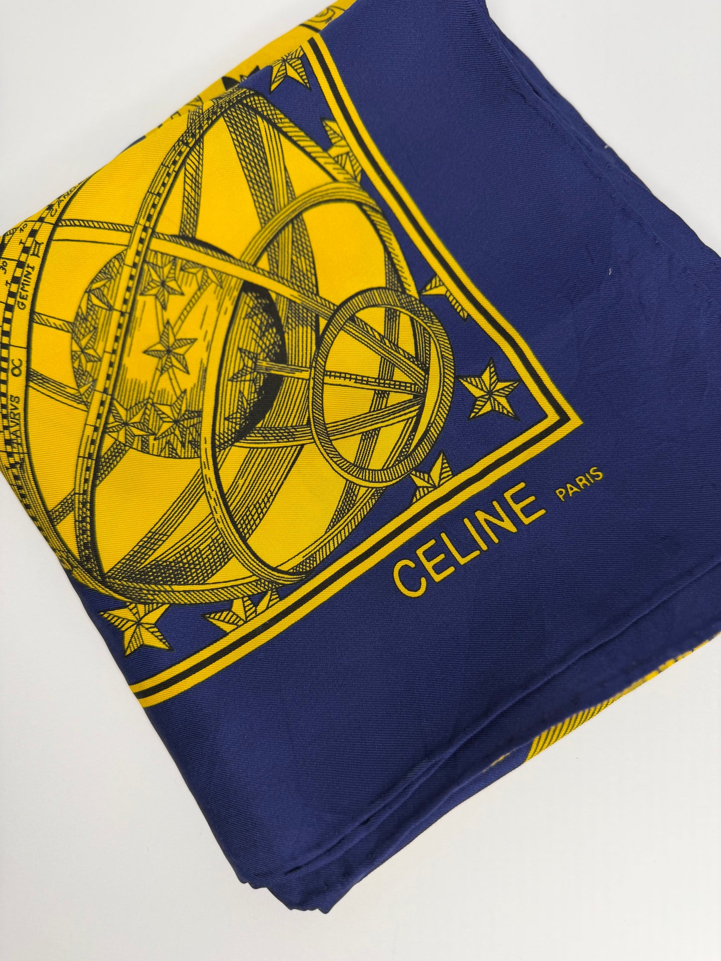 Pre-owned Celine Paris silk scarf yellow and blue design celestial motif.