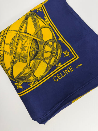 Pre-owned Celine Paris silk scarf yellow and blue design celestial motif.
