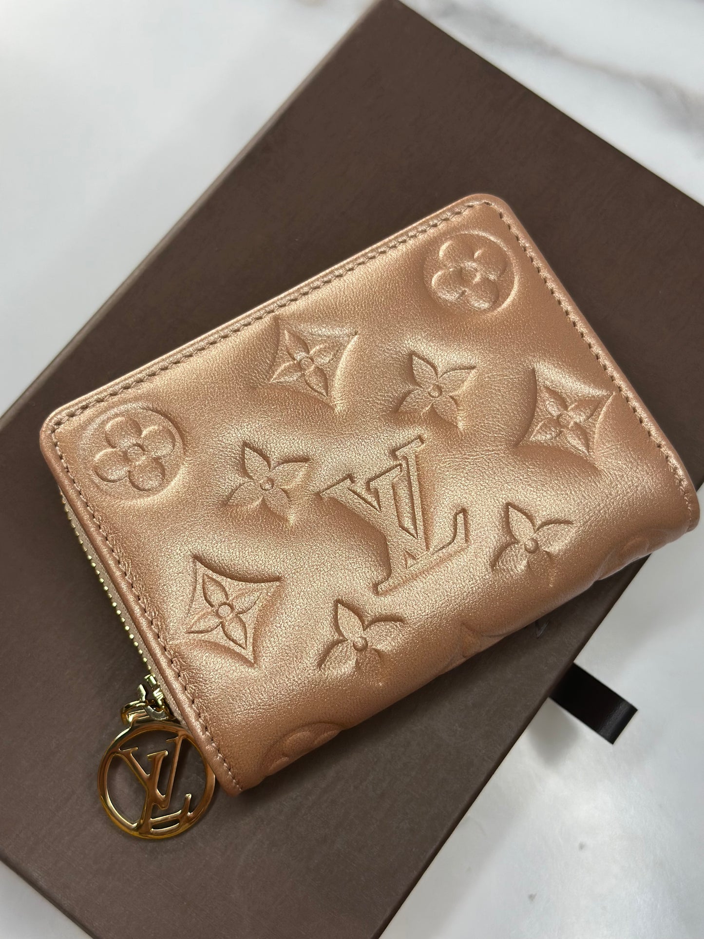 Pre-owned Louis Vuitton Lambskin Embossed Monogram Lou Coussin Wallet Rose Gold