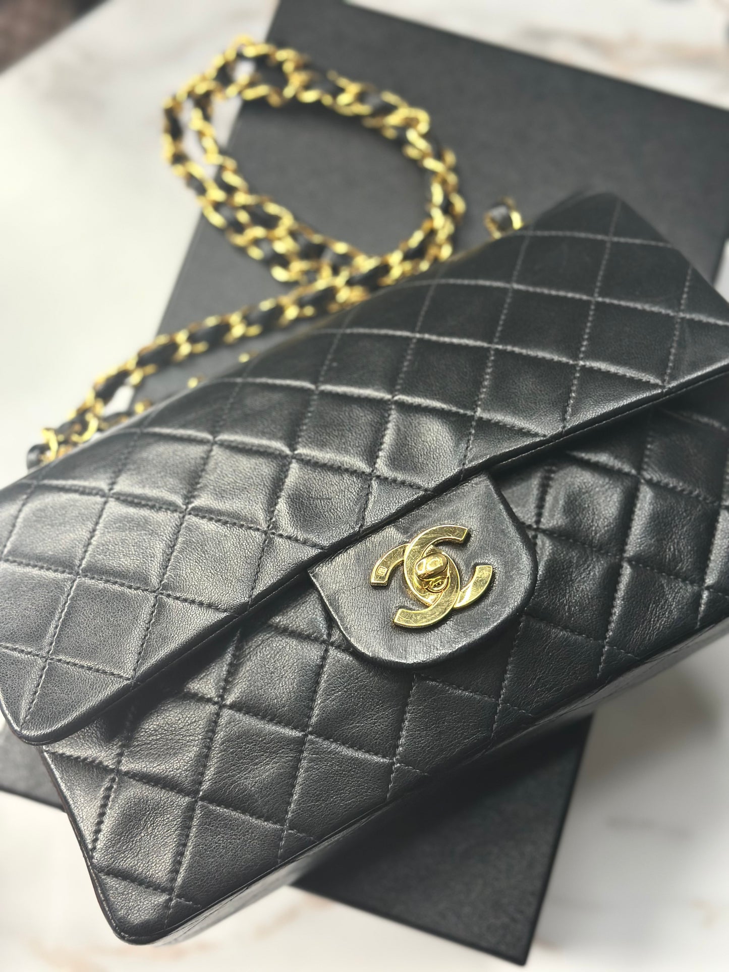 Pre-owned Chanel 1991-1993 small black lambskin double flap shoulder bag
