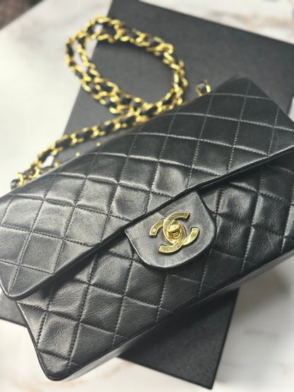Pre-owned Chanel 1991-1993 small black lambskin double flap shoulder bag