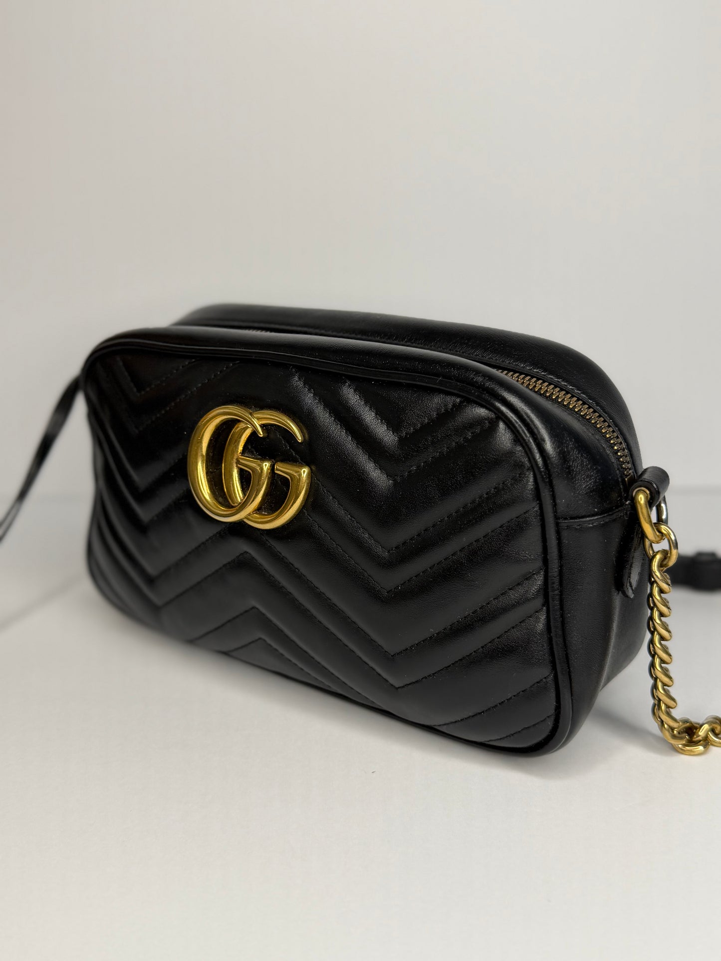 Pre-owned Gucci Marmont Small Camera Bag chevron-quilted black matelassé leather crossbody