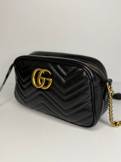 Pre-owned Gucci Marmont Small Camera Bag chevron-quilted black matelassé leather crossbody