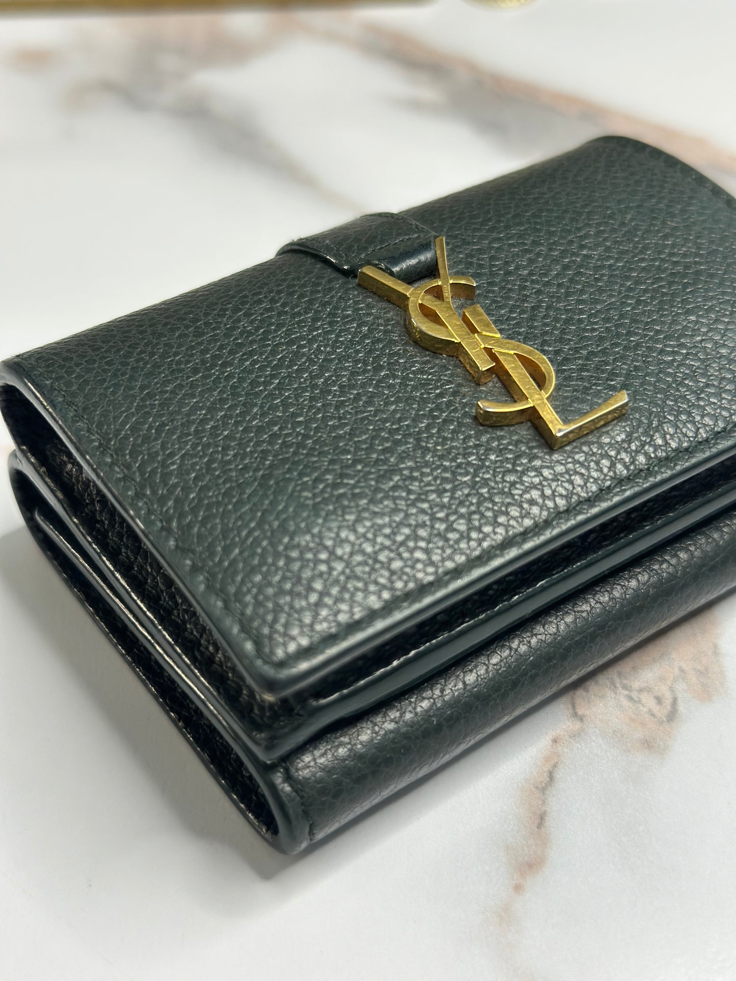 Pre-owned SAINT LAURENT Origami Tiny Leather Trifold Compact Wallet Dark Green Gold YSL