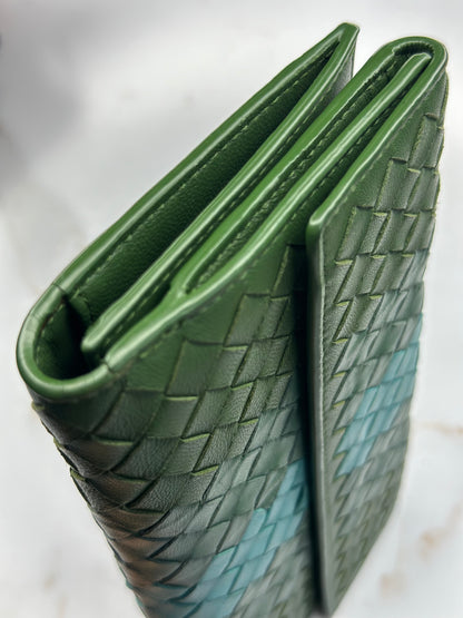 Pre-owned Bottega Veneta rare green and turquoise colorwave Intrecciato woven leather long wallet