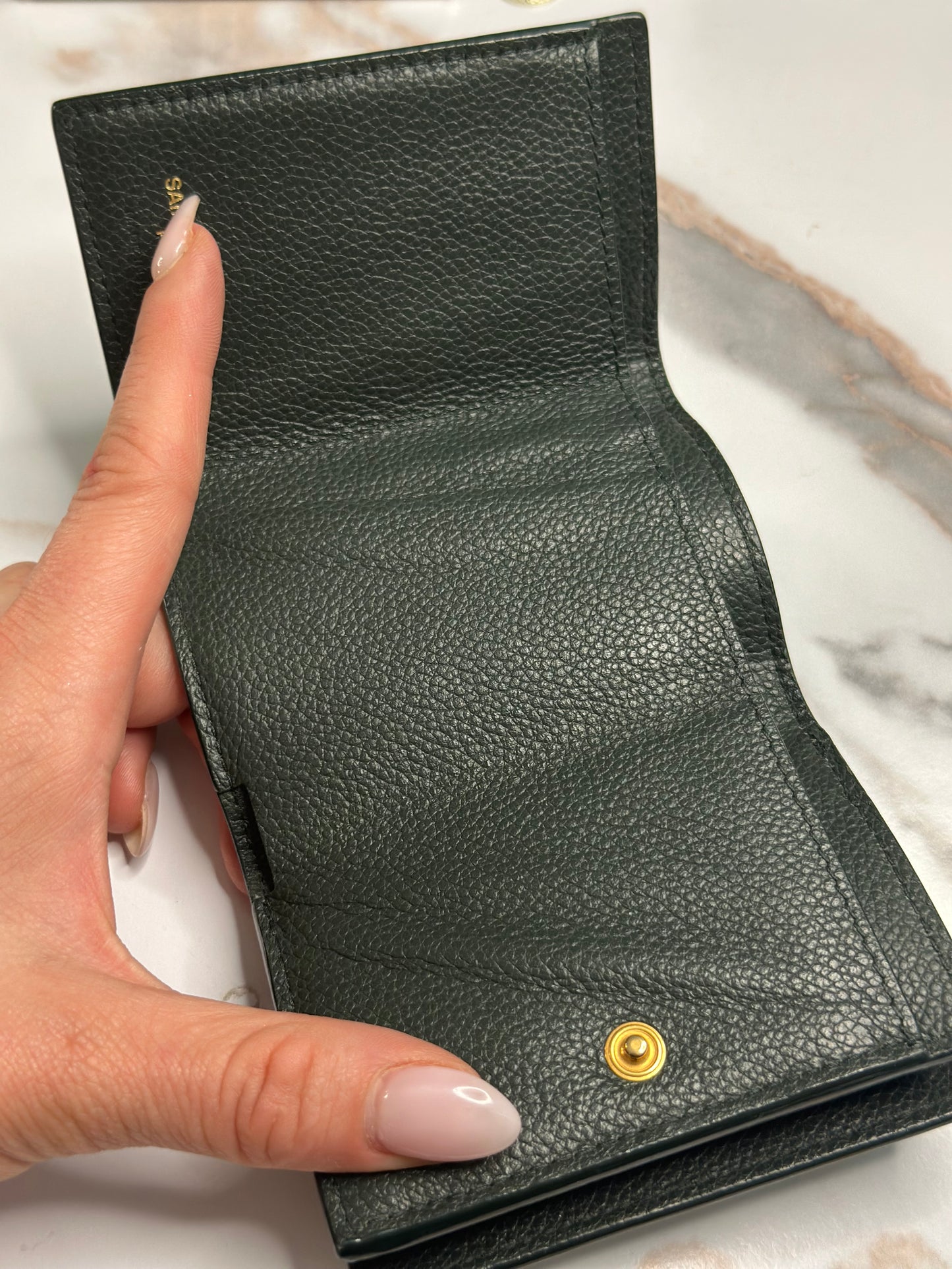 Pre-owned SAINT LAURENT Origami Tiny Leather Trifold Compact Wallet Dark Green Gold YSL
