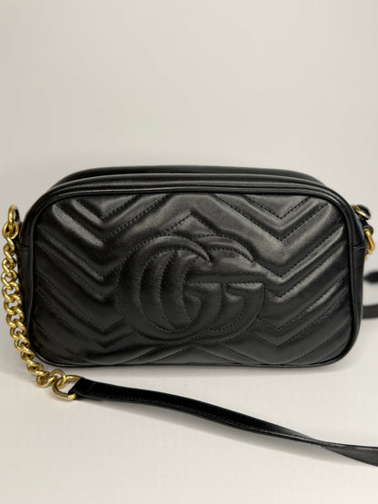 Pre-owned Gucci Marmont Small Camera Bag chevron-quilted black matelassé leather crossbody