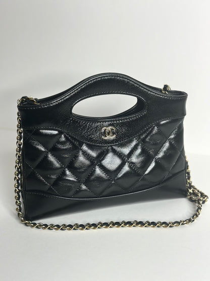 Pre-Owned Chanel Shiny Crinkled Calfskin Quilted Nano 31 Shopping Bag Black