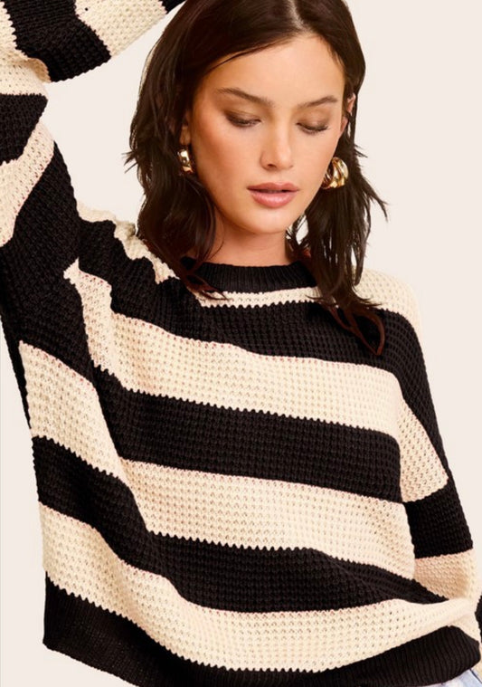 Loose Fit Striped Sweater-Black