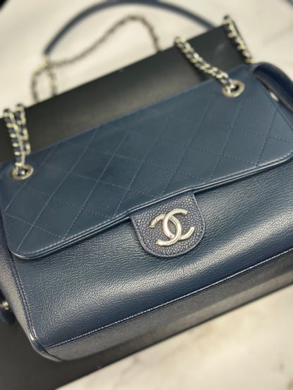 Pre-owned Chanel Navy Double Chain Matalese Flag Calfskin Medium Coco Crossbody