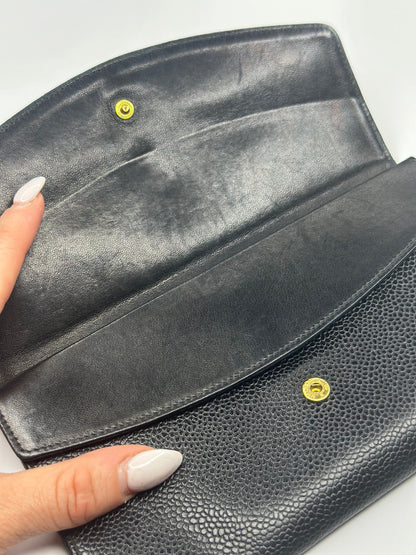 Pre-owned Chanel Coco logo, black caviar, leather Vintage long wallet