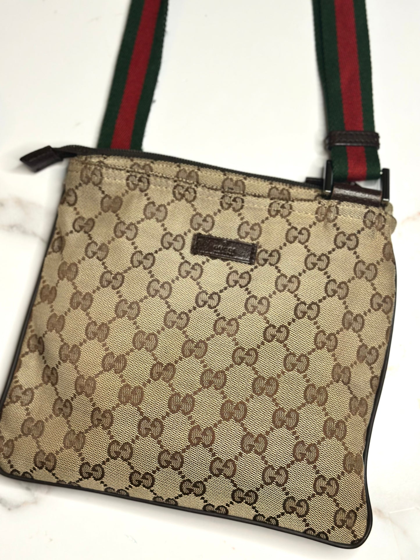 Pre-owned Gucci GG Monogram Web Small Flat Messenger Bag Brown