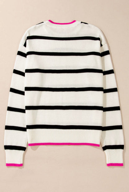 White Stripe Color Contrast Crew Neck