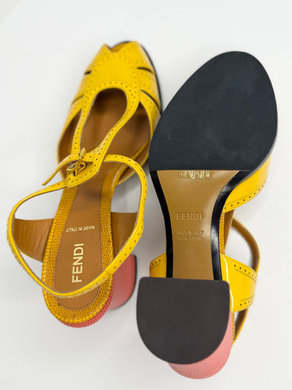 Pre-owned Fendi yellow patent leather Chameleon block heel sandals size 38