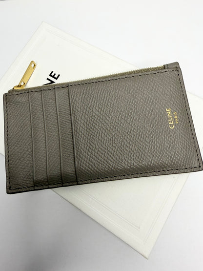 Pre-owned Celine zipped card holder in gray grained calfskin leather
