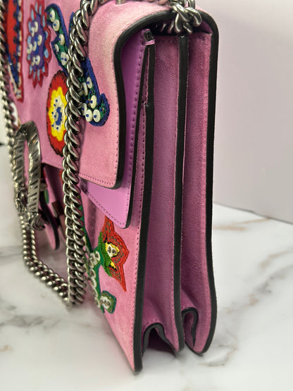 Pre-owned Gucci Dionysus Medium Shoulder Bag in pink suede featuring multicolor floral embroidery and sequin embellishments