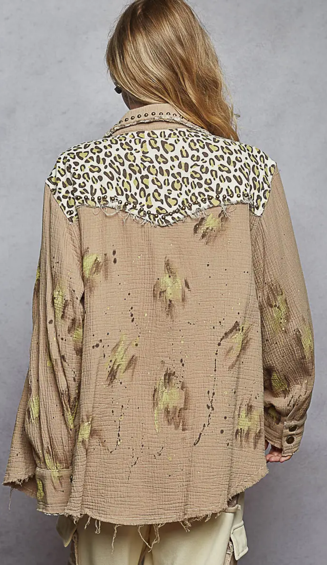 Long Sleeve Double Gauze Stud Printed Paint Splatter Shacket