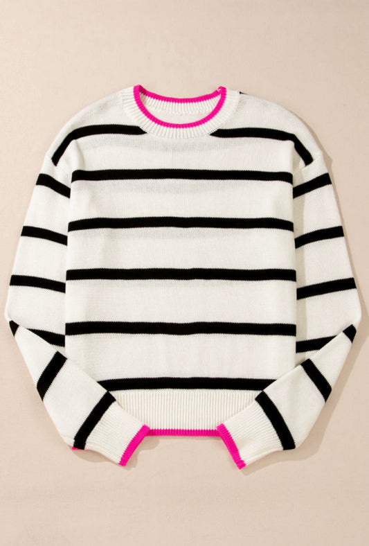 White Stripe Color Contrast Crew Neck